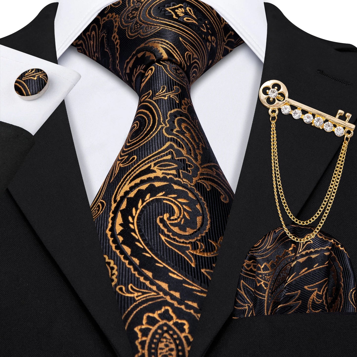 Gold Black Jacquard Silk Men Tie