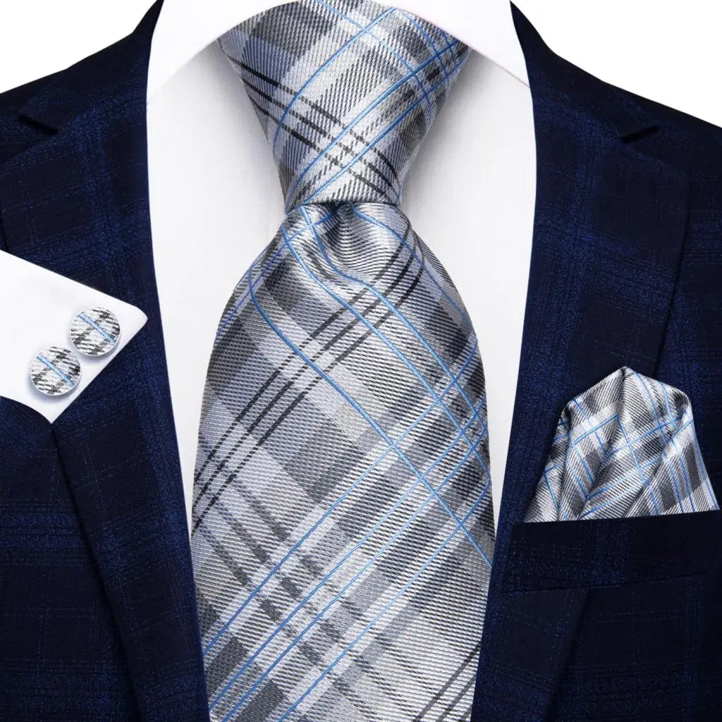 Silk Silver Blue Plaid Tie For Men