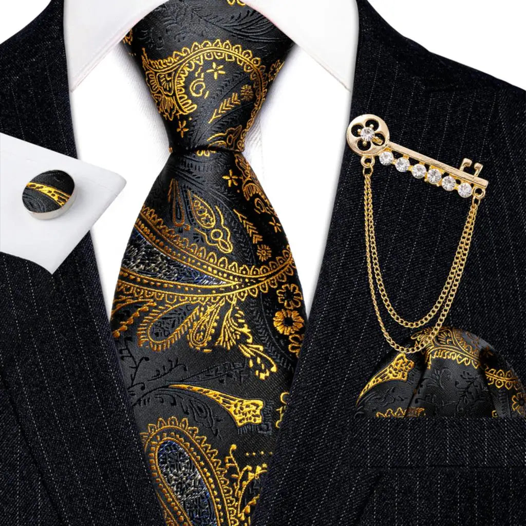 Gold Black Jacquard Silk Men Tie