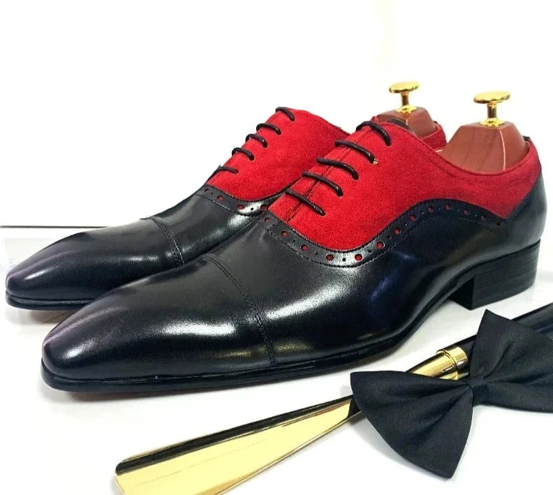 Real Leather Lace-Up Black Mixed Red Suede Men Shoes