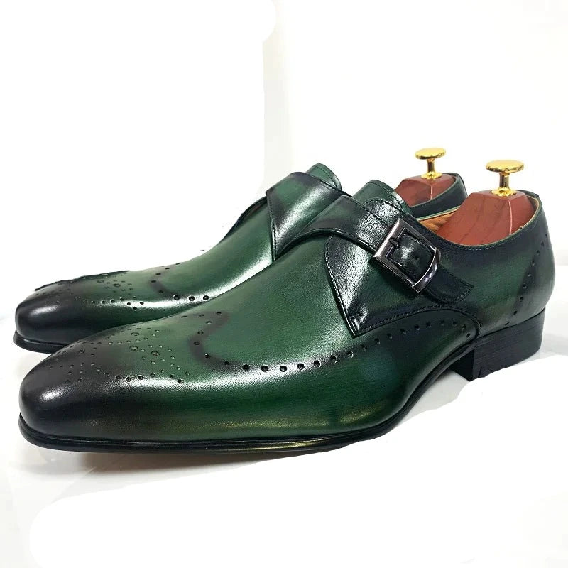 Leather Black Green Wingtip Monk Strap Men Shoes