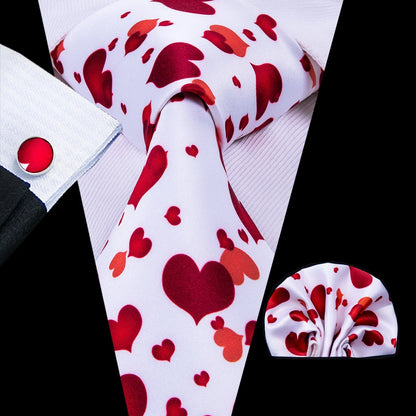 Silk White Red Heart Tie