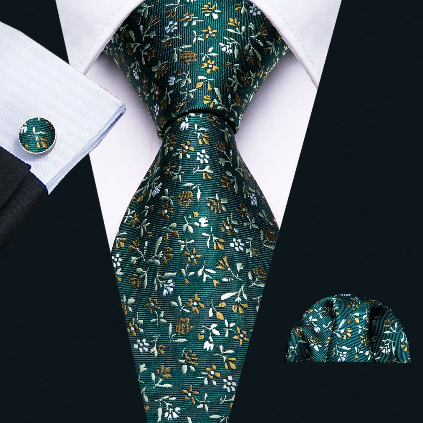 Black Green Silk Mens Ties Set