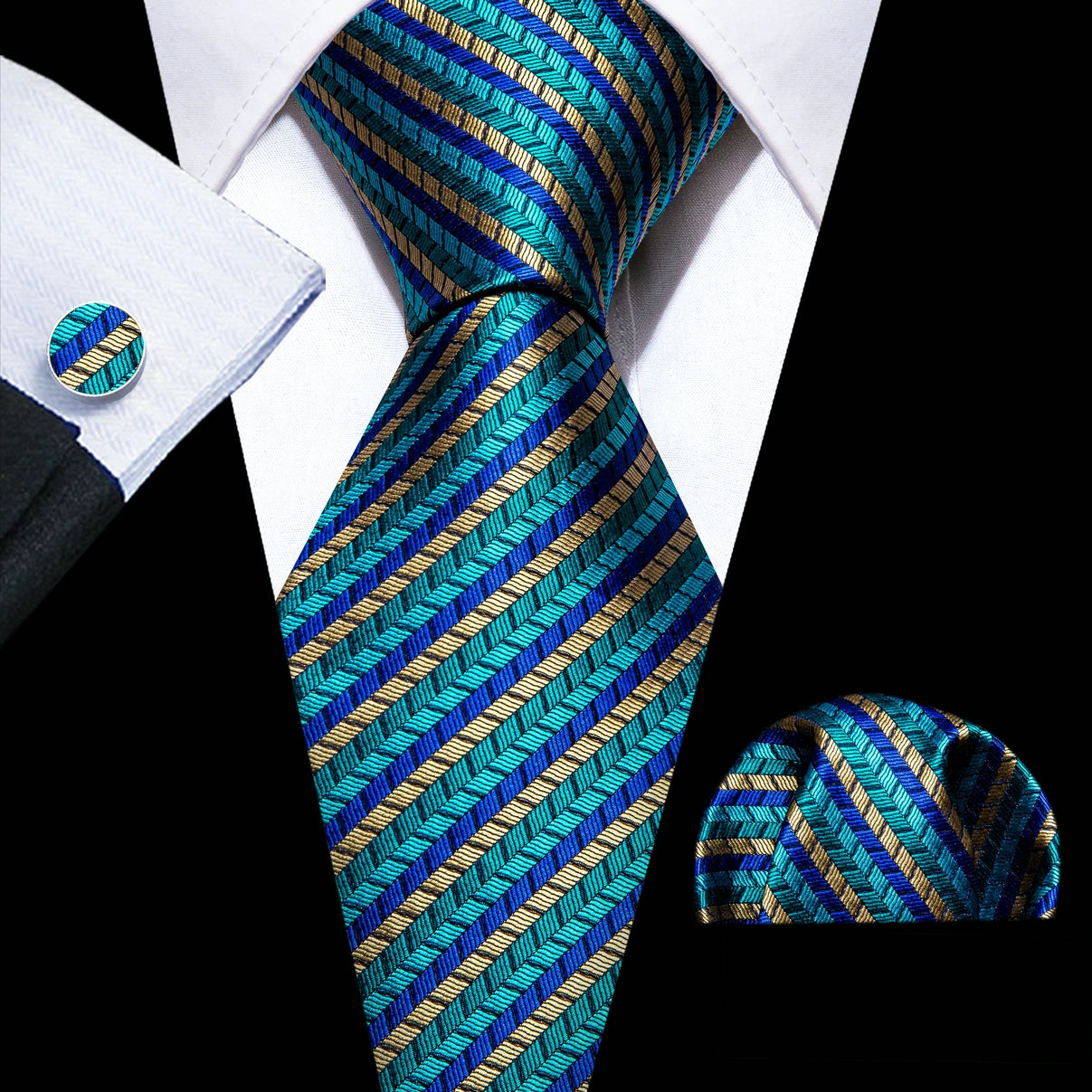 Silk Necktie Pocket Square Cufflinks Set Men Ties