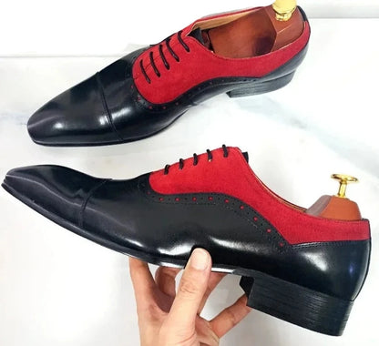 Real Leather Lace-Up Black Mixed Red Suede Men Shoes