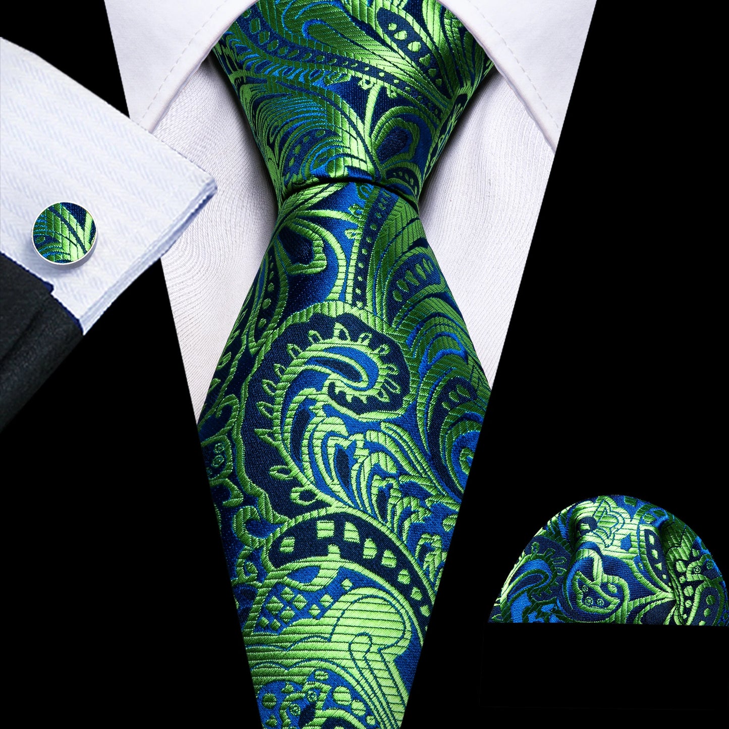 Black Green Silk Mens Ties Set