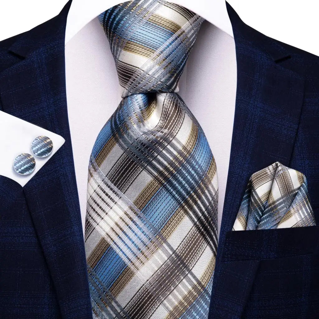 Silk Silver Blue Plaid Tie For Men