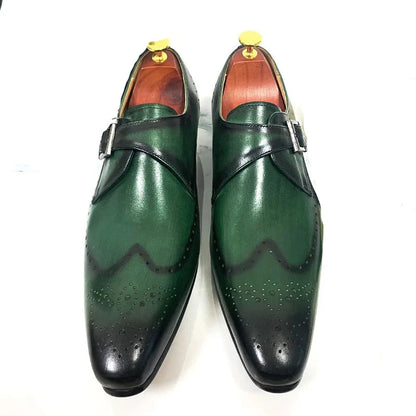 Leather Black Green Wingtip Monk Strap Men Shoes