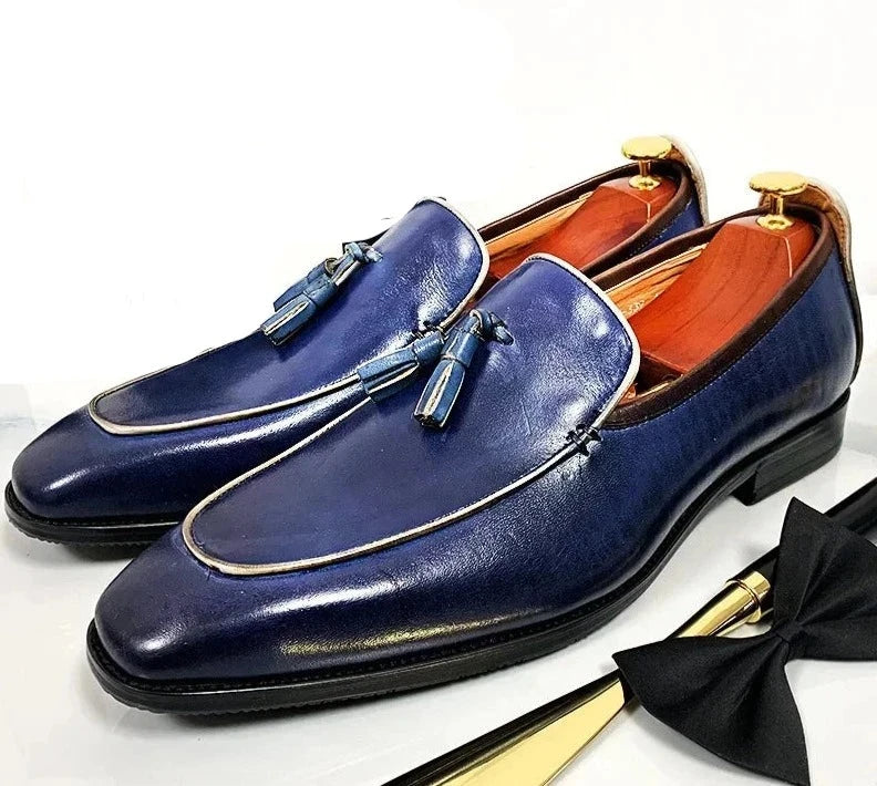 Elegant Blue Black Tassel Leather Men Shoes