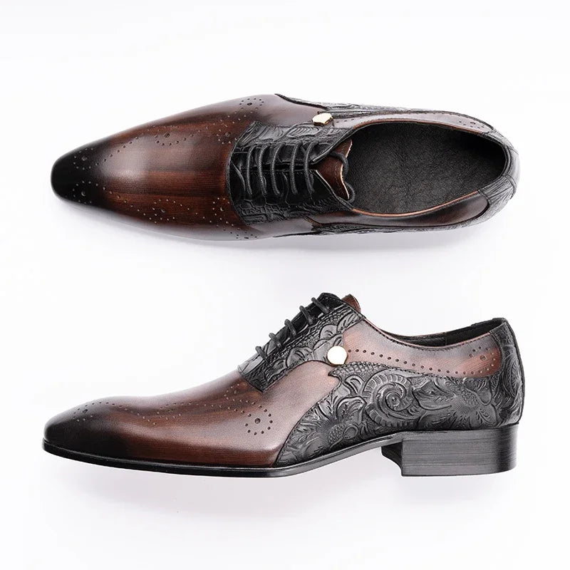 Genuine Leather Brogue Lace-up Pointed Men Shoes