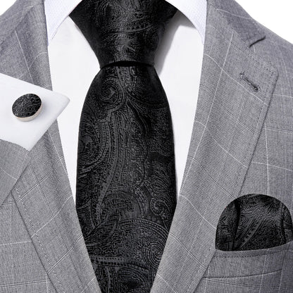 Black White Gray Silver Silk Men Tie