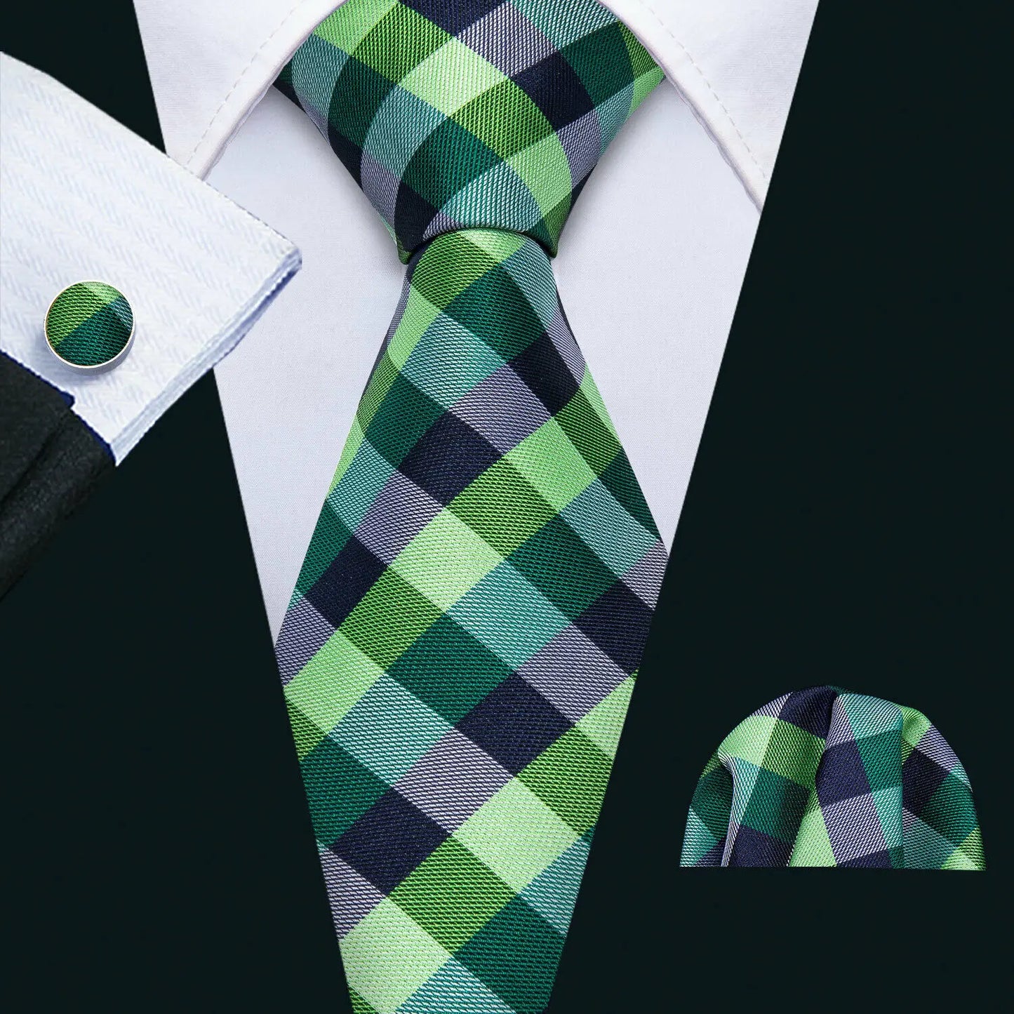 Black Green Silk Mens Ties Set