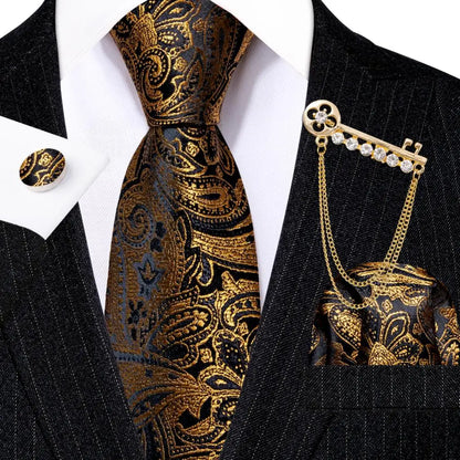 Gold Black Jacquard Silk Men Tie