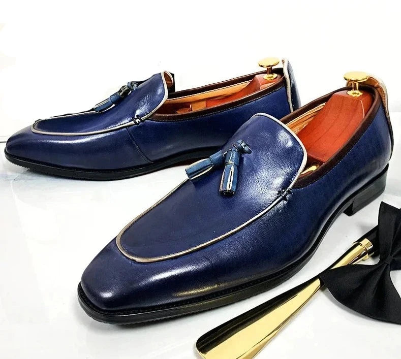 Elegant Blue Black Tassel Leather Men Shoes