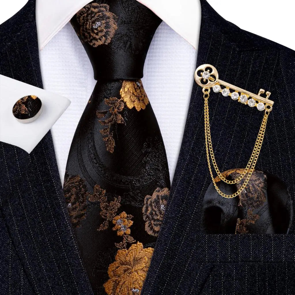 Gold Black Jacquard Silk Men Tie