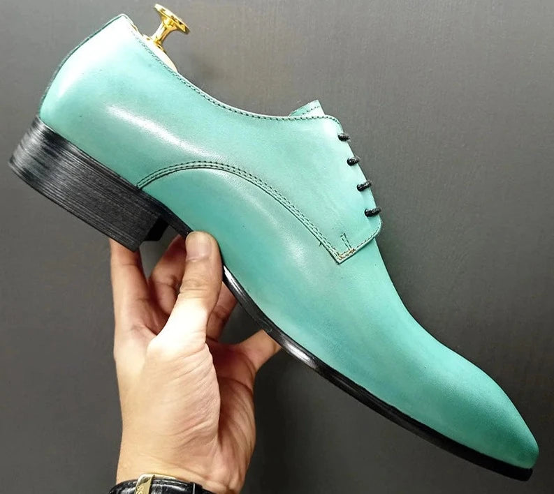 Elegant Light Green Lace Up Pointed Toe Men Shoes