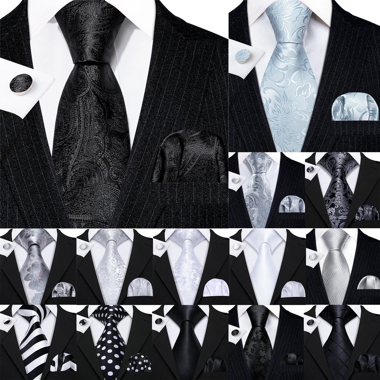 Black White Gray Silver Silk Men Tie