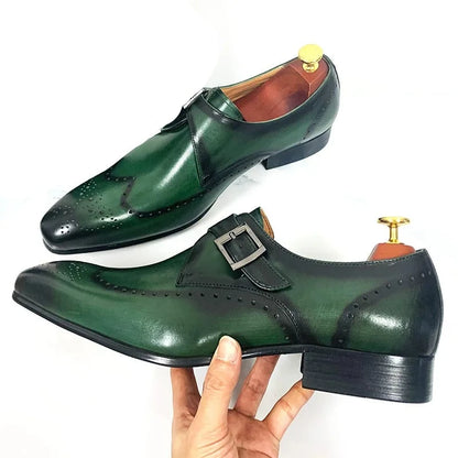 Leather Black Green Wingtip Monk Strap Men Shoes