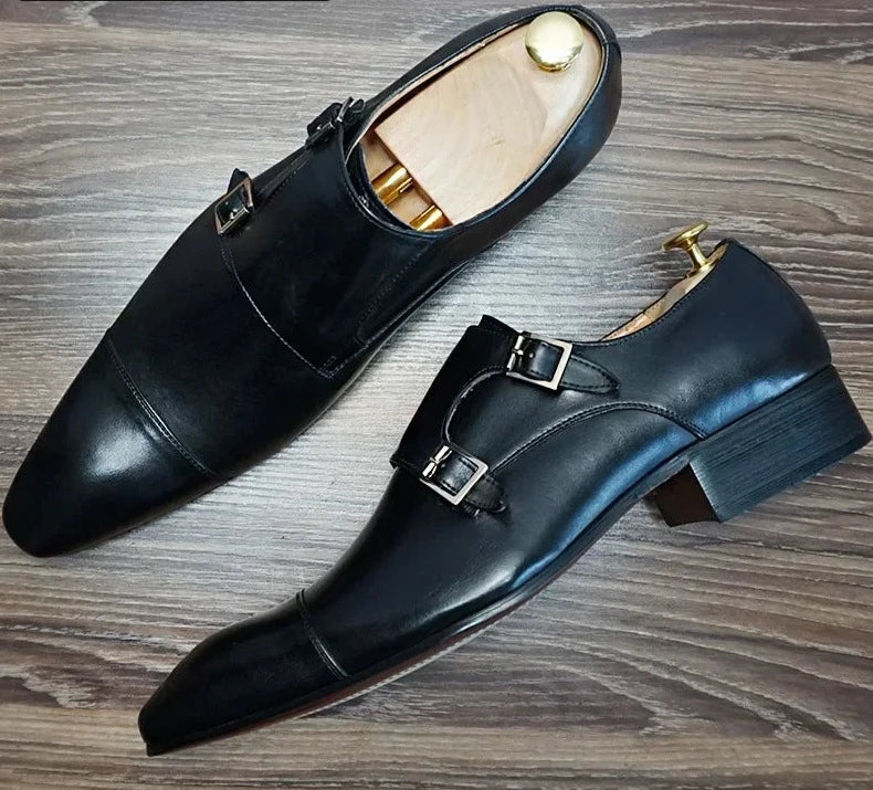 Real Leather Buckle Strap Loafers Men  Shoes