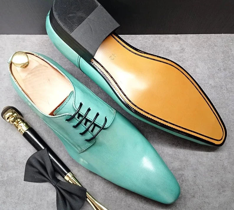 Elegant Light Green Lace Up Pointed Toe Men Shoes