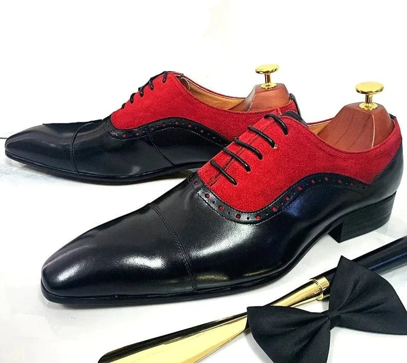 Real Leather Lace-Up Black Mixed Red Suede Men Shoes