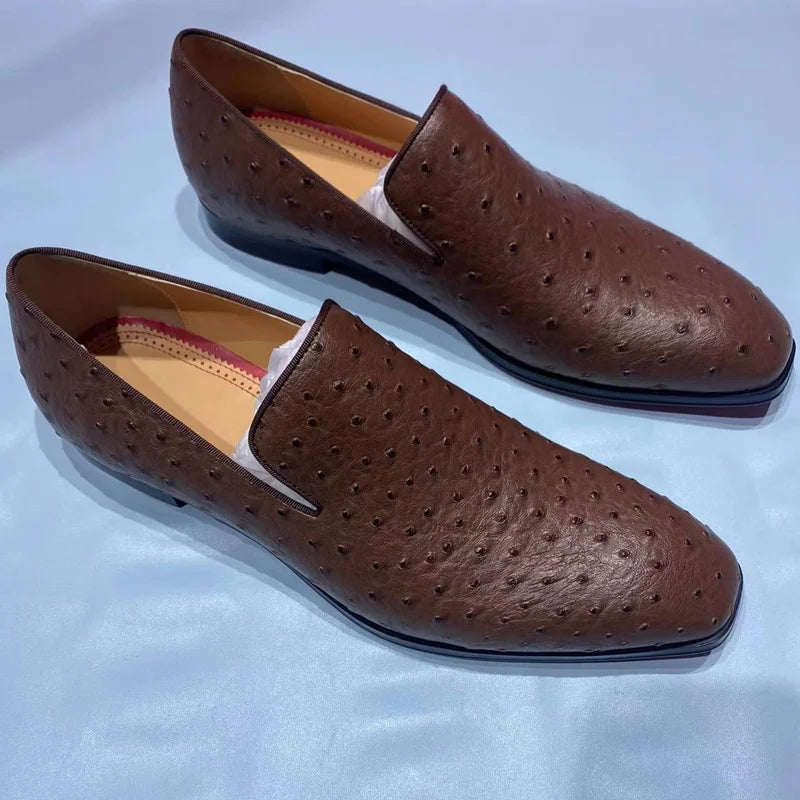 Luxury Slip On Brown Ostrich Leather Loafers Men Shoes