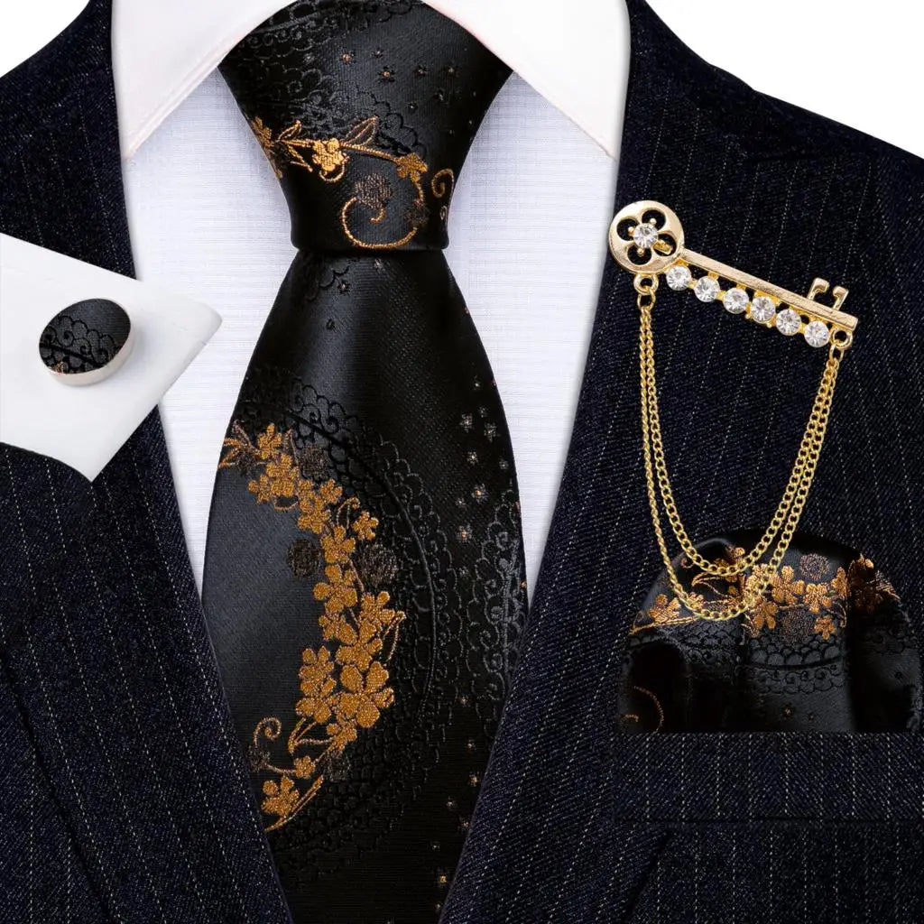 Gold Black Jacquard Silk Men Tie