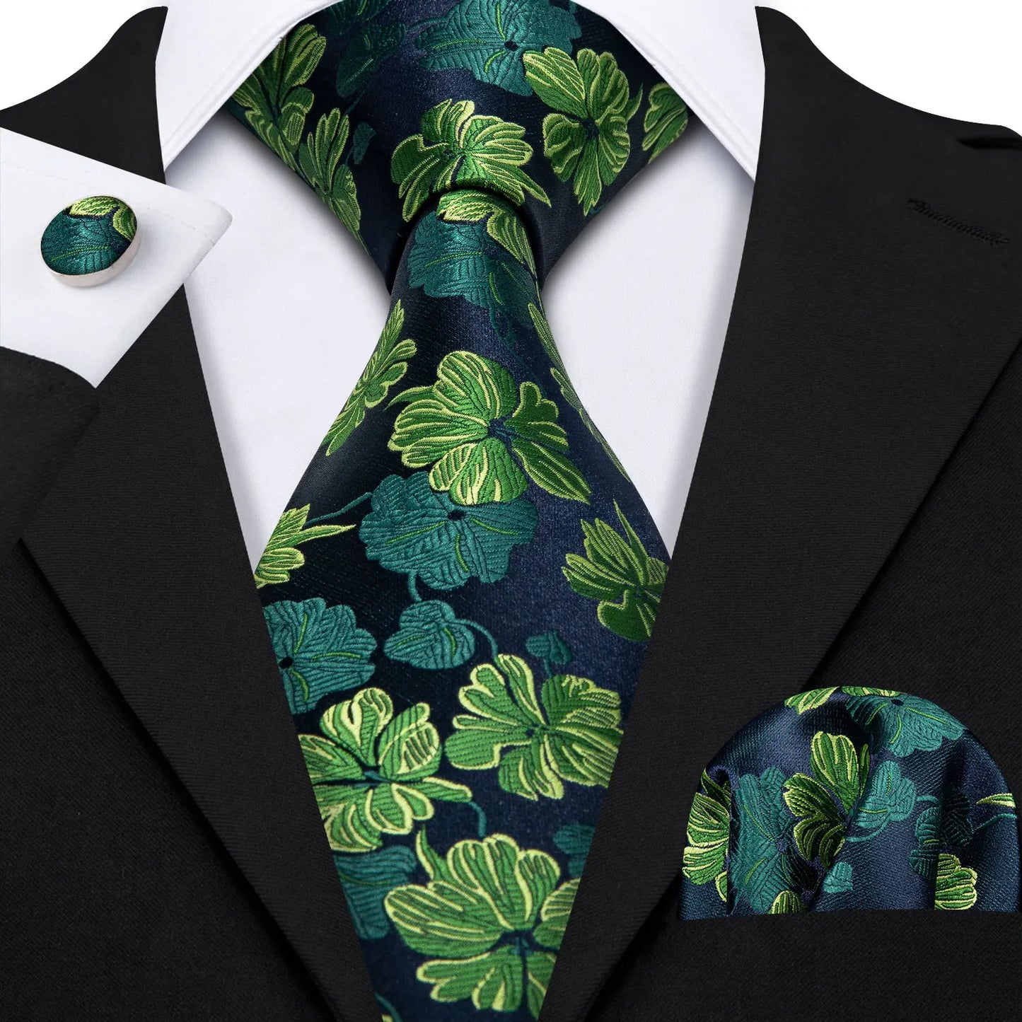 Black Green Silk Mens Ties Set