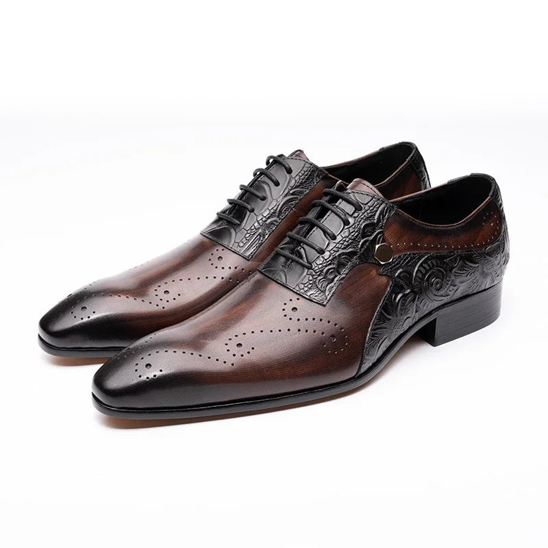 Genuine Leather Brogue Lace-up Pointed Men Shoes