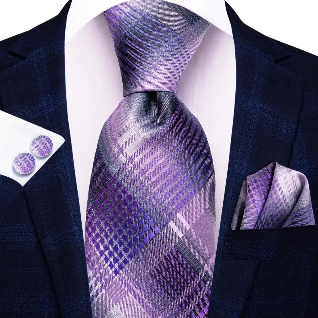 Silk Silver Blue Plaid Tie For Men