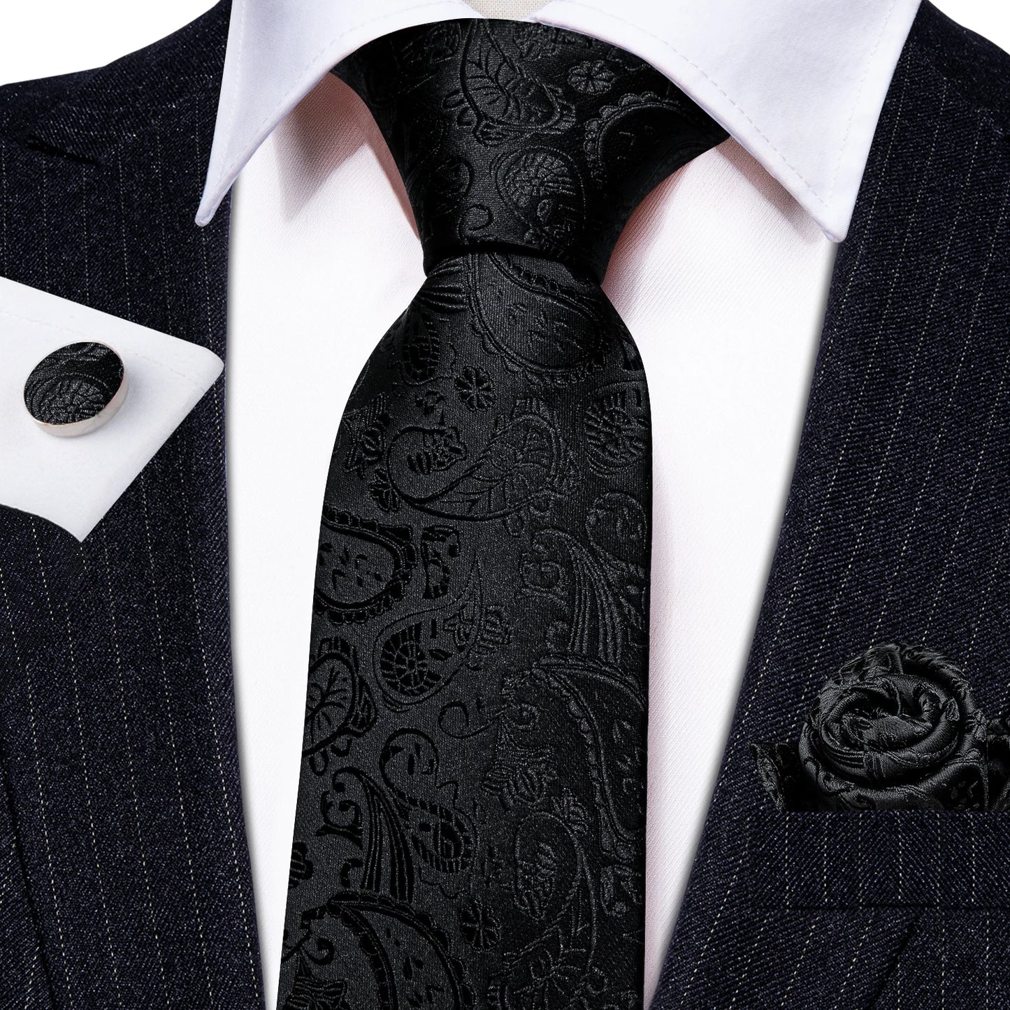 Black White Gray Silver Silk Men Tie