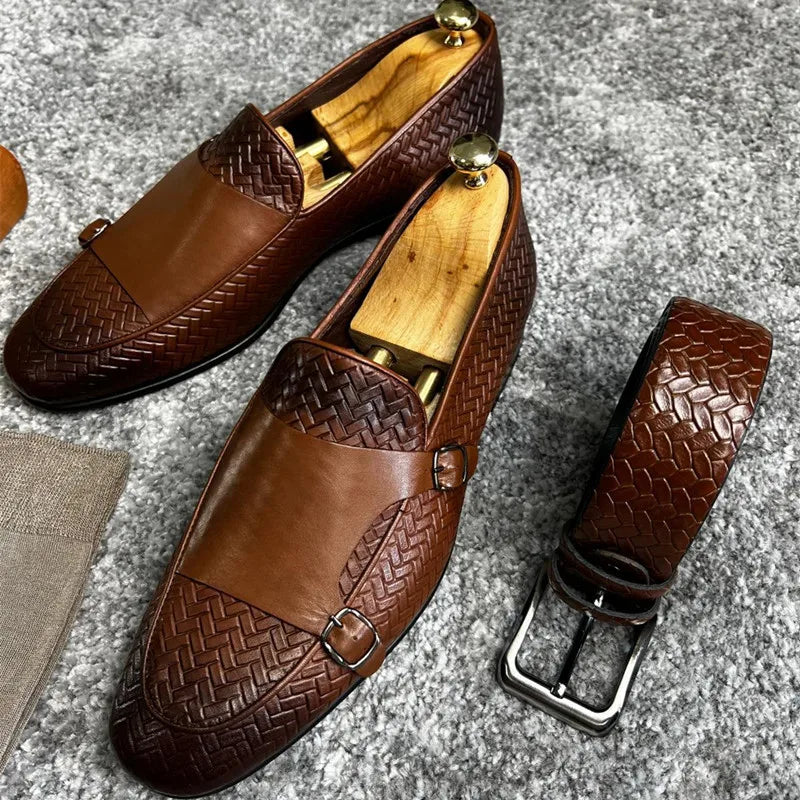 Brown Black Pu Breathable Double Buckle Monk Shoes