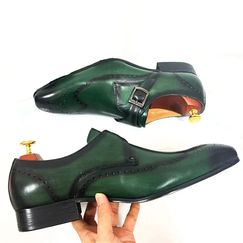 Leather Black Green Wingtip Monk Strap Men Shoes