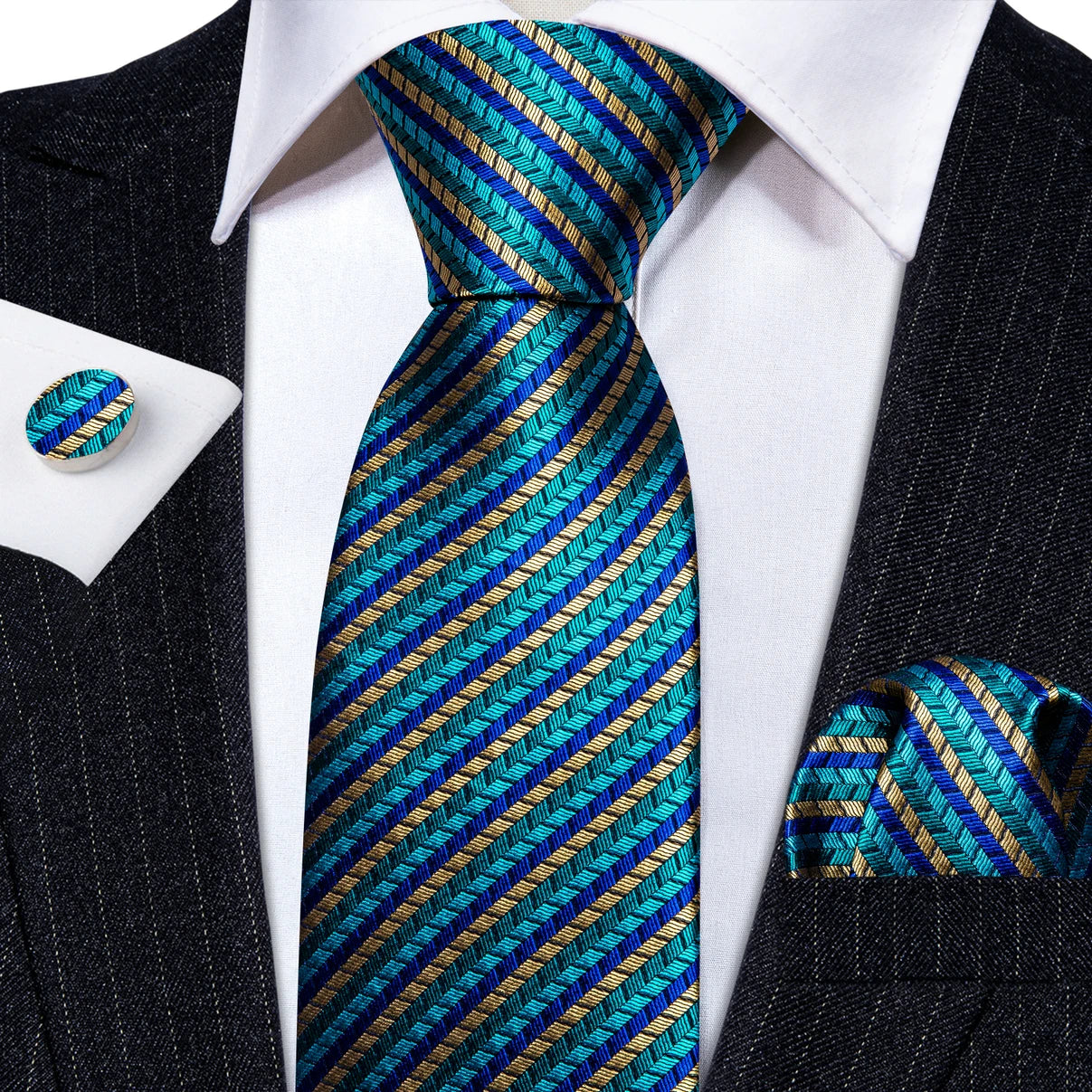 Silk Necktie Pocket Square Cufflinks Set Men Ties