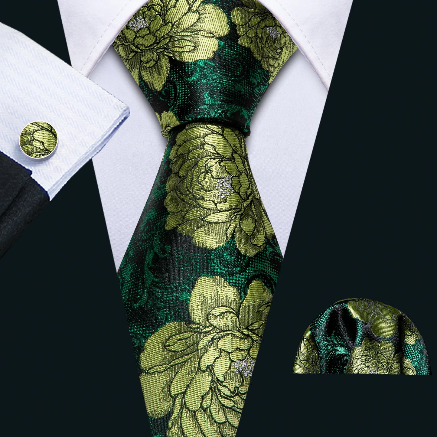 Black Green Silk Mens Ties Set