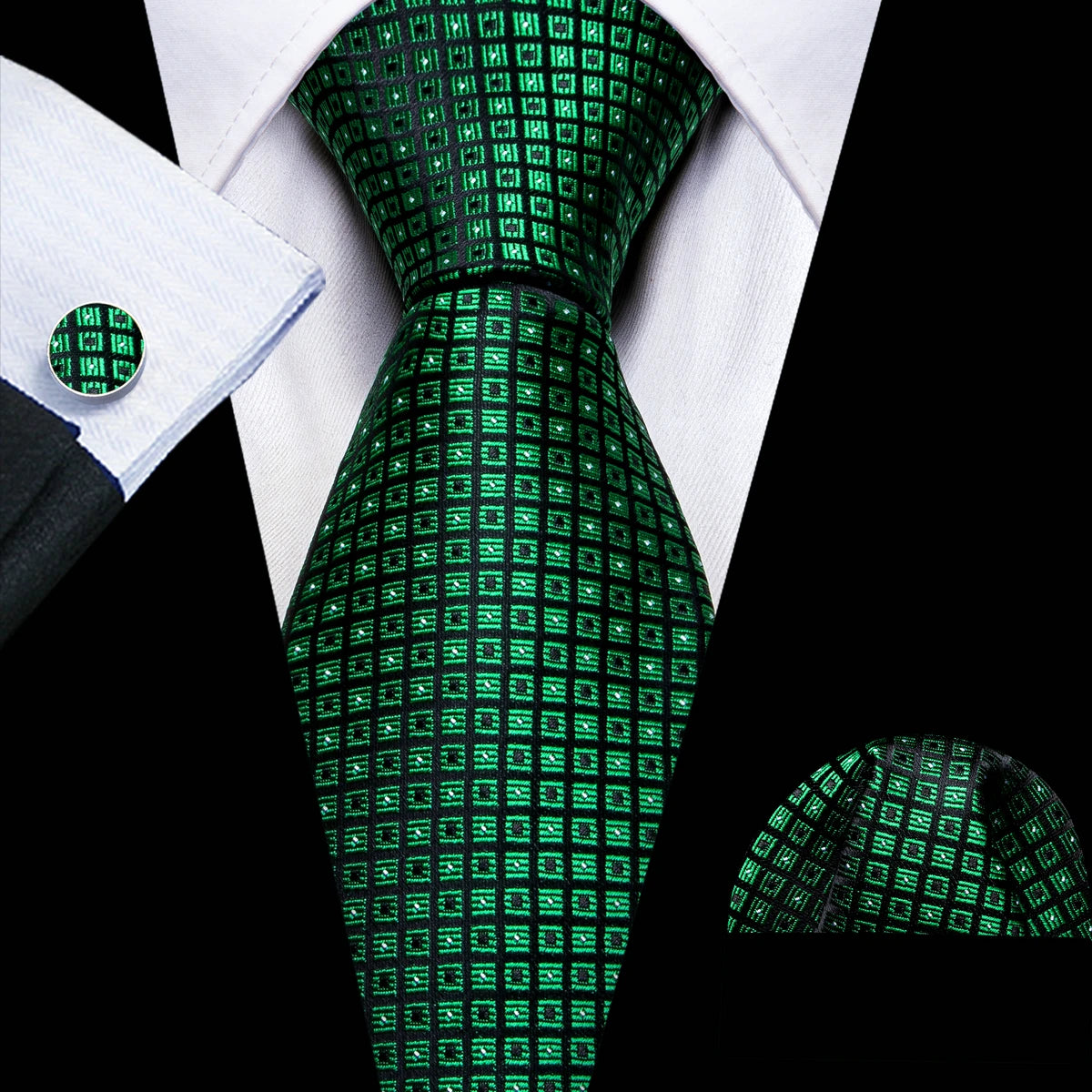 Black Green Silk Mens Ties Set