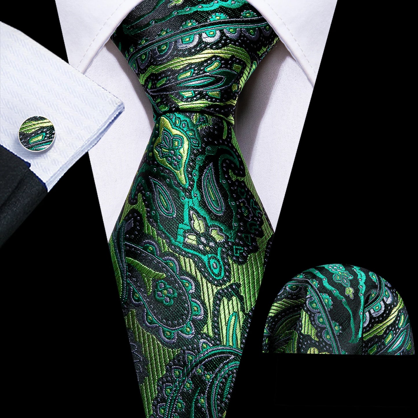 Black Green Silk Mens Ties Set