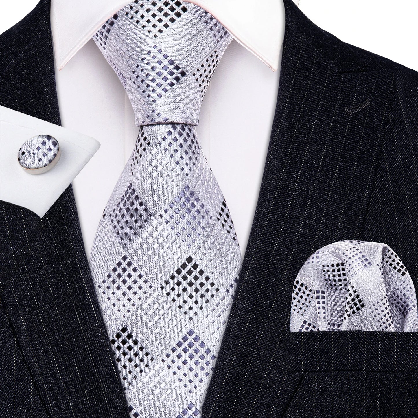 Black White Gray Silver Silk Men Tie