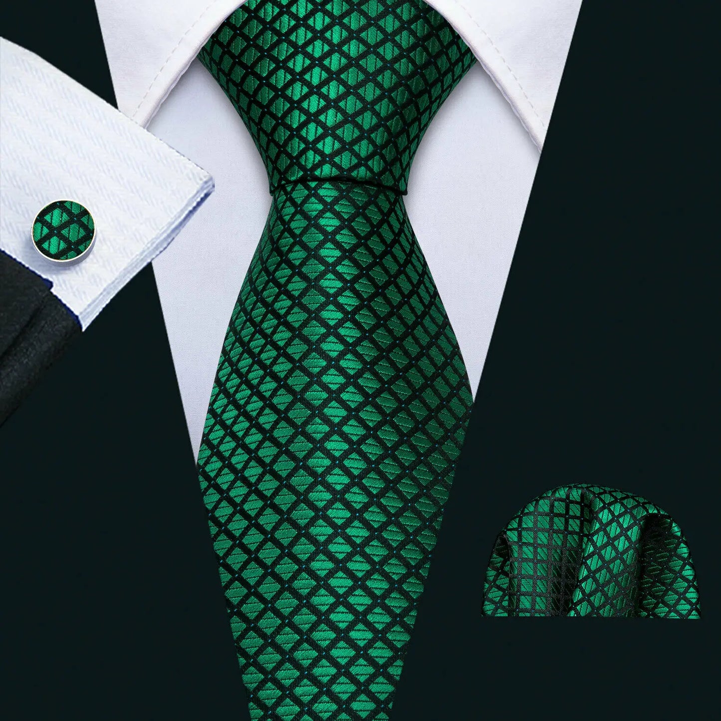 Black Green Silk Mens Ties Set