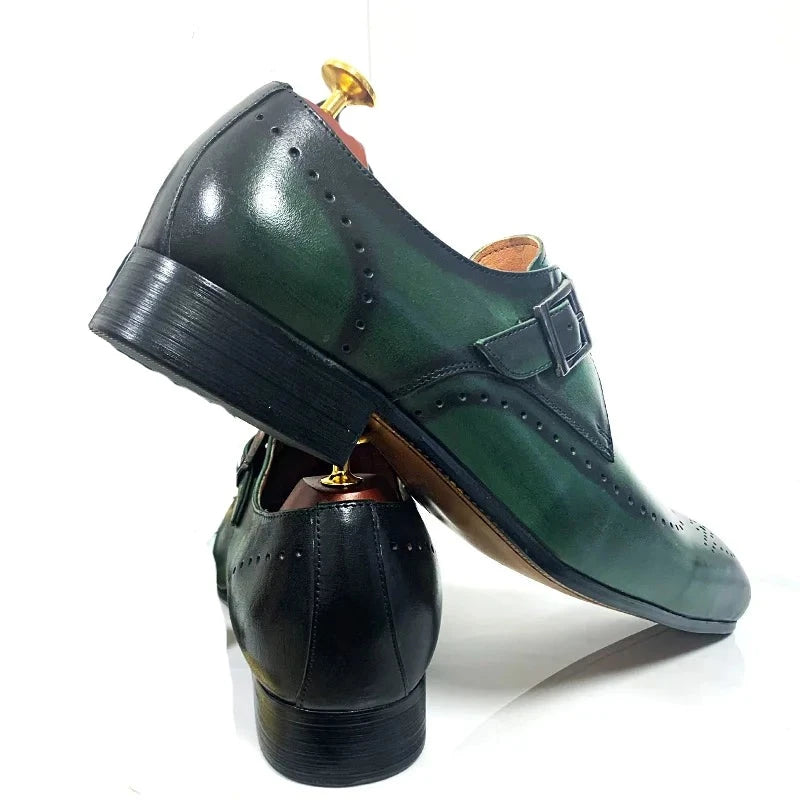 Leather Black Green Wingtip Monk Strap Men Shoes