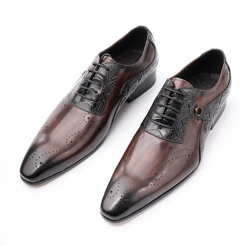 Genuine Leather Brogue Lace-up Pointed Men Shoes