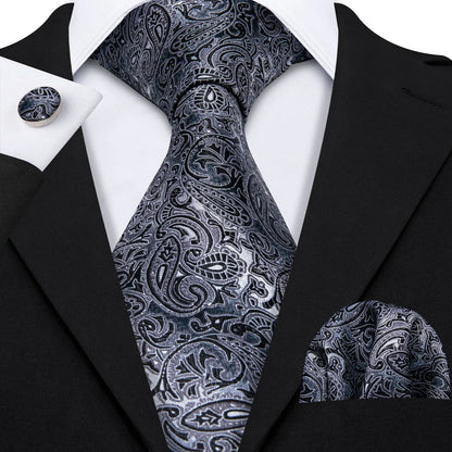 Black White Gray Silver Silk Men Tie