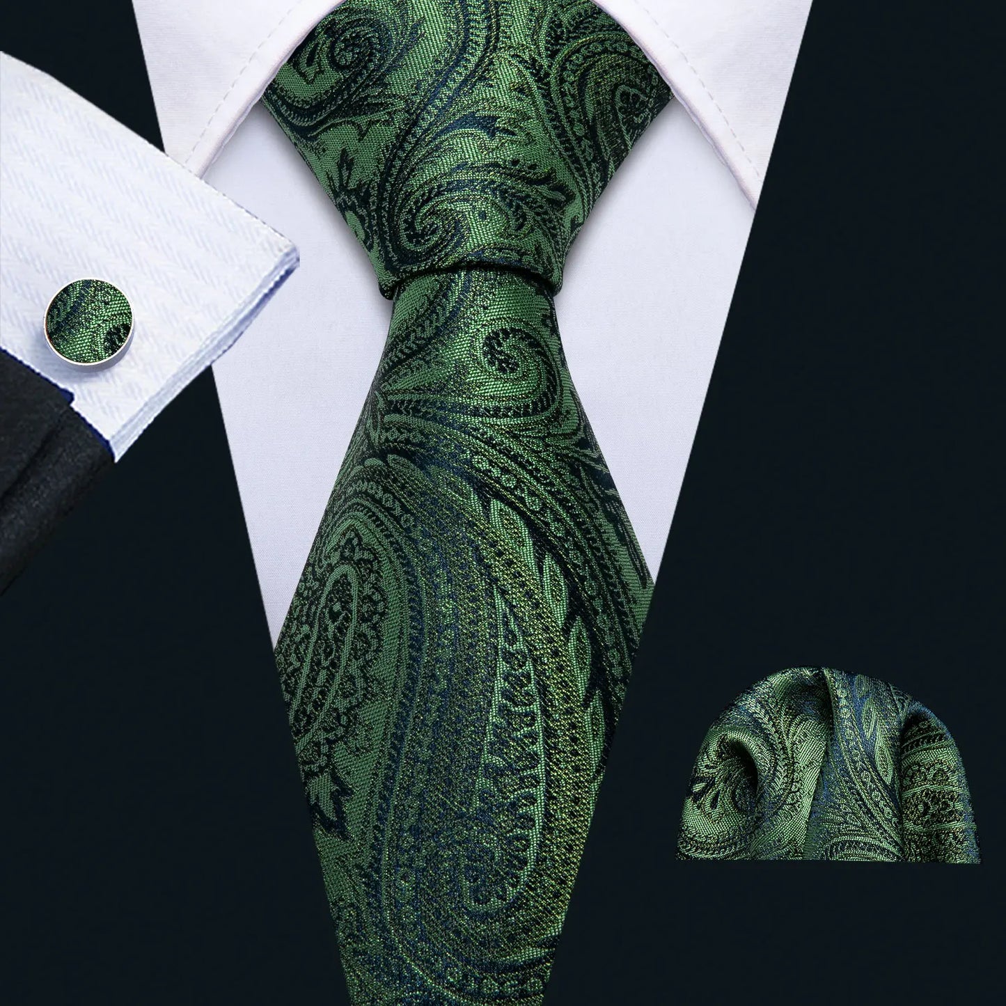 Black Green Silk Mens Ties Set