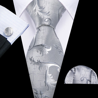 Black White Gray Silver Silk Men Tie