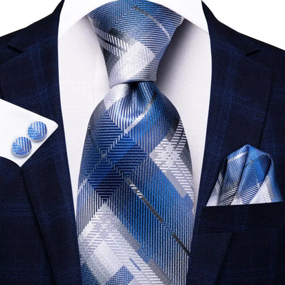 Silk Silver Blue Plaid Tie For Men