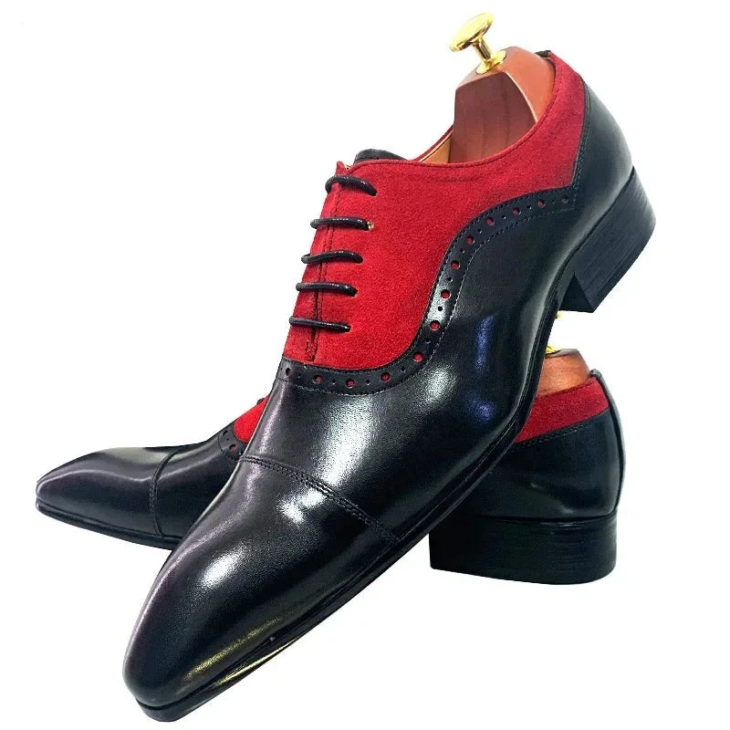 Real Leather Lace-Up Black Mixed Red Suede Men Shoes