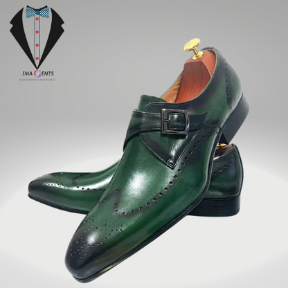 Leather Black Green Wingtip Monk Strap Men Shoes