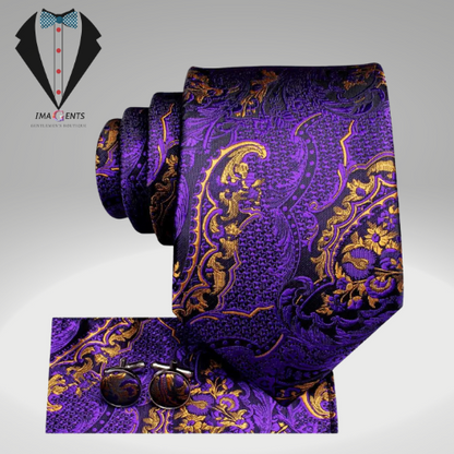 Handy Purple Gold Floral Silk Tie For Men