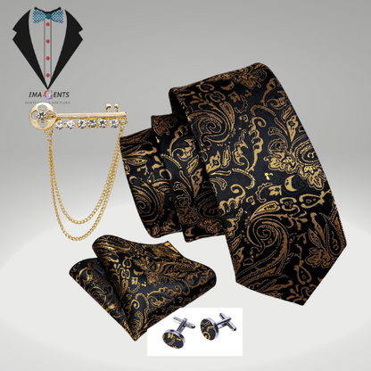 Gold Black Jacquard Silk Men Tie