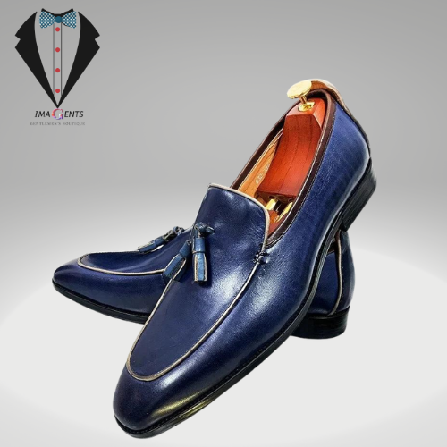 Elegant Blue Black Tassel Leather Men Shoes